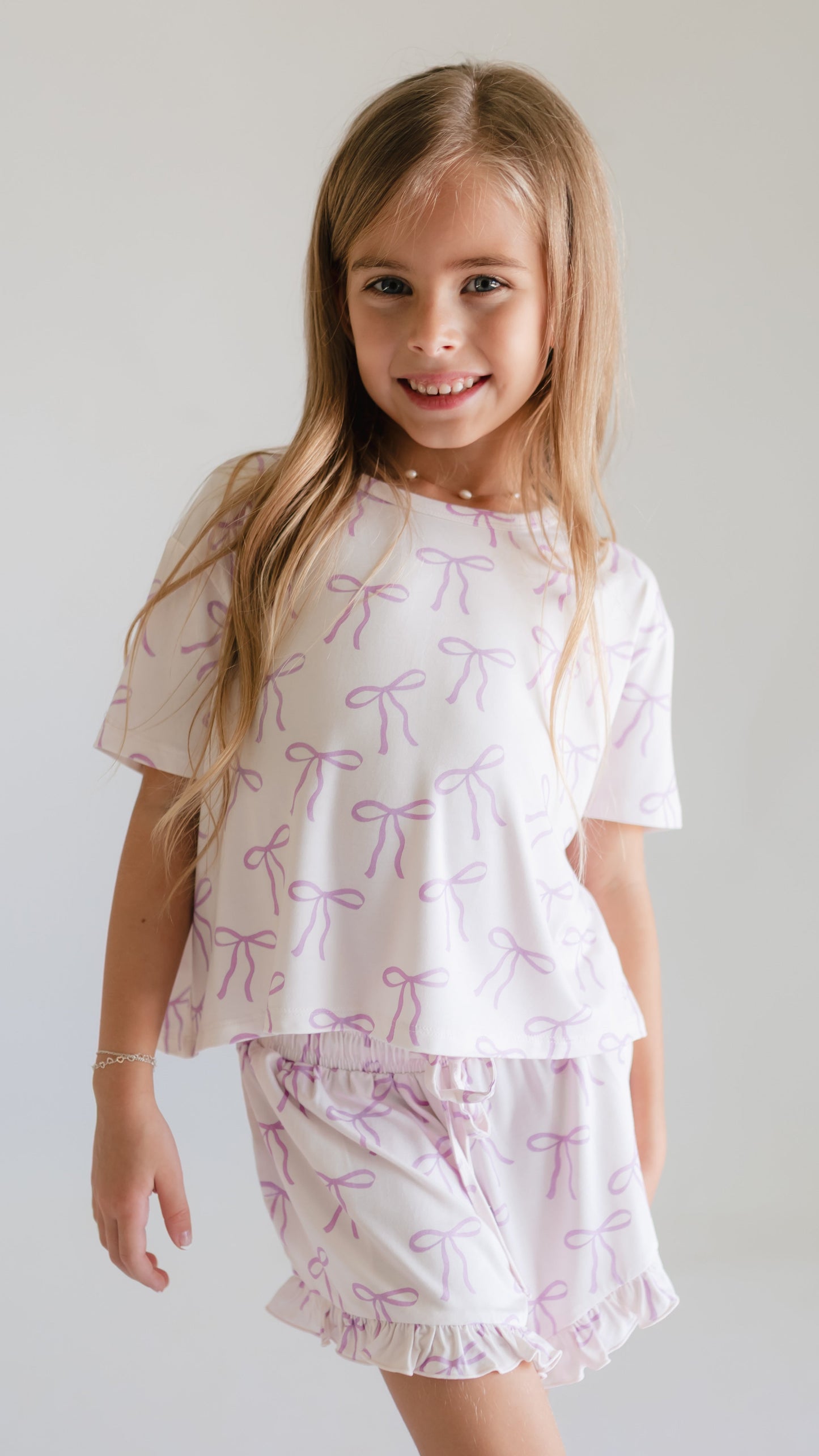 Girl's Ruffle Short Set in Purple Bows