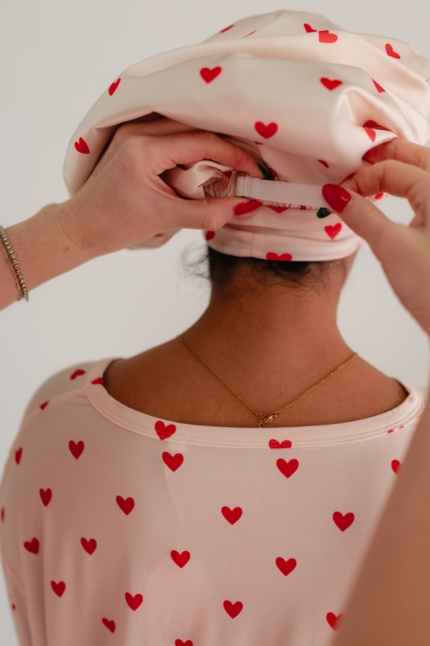 Adult Satin Bonnet in Cream Valentine Hearts
