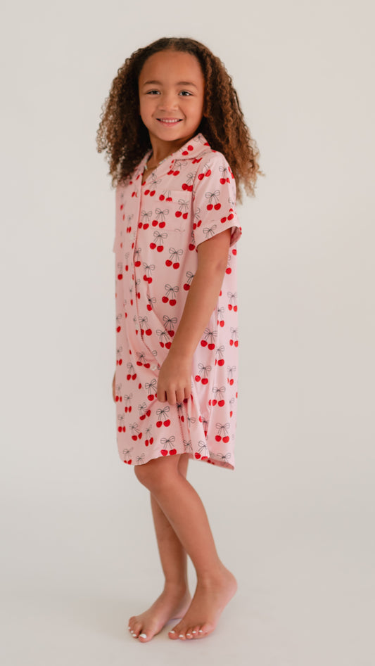Girl's Button Down Ribbed Dress in Pink Cherry Bows