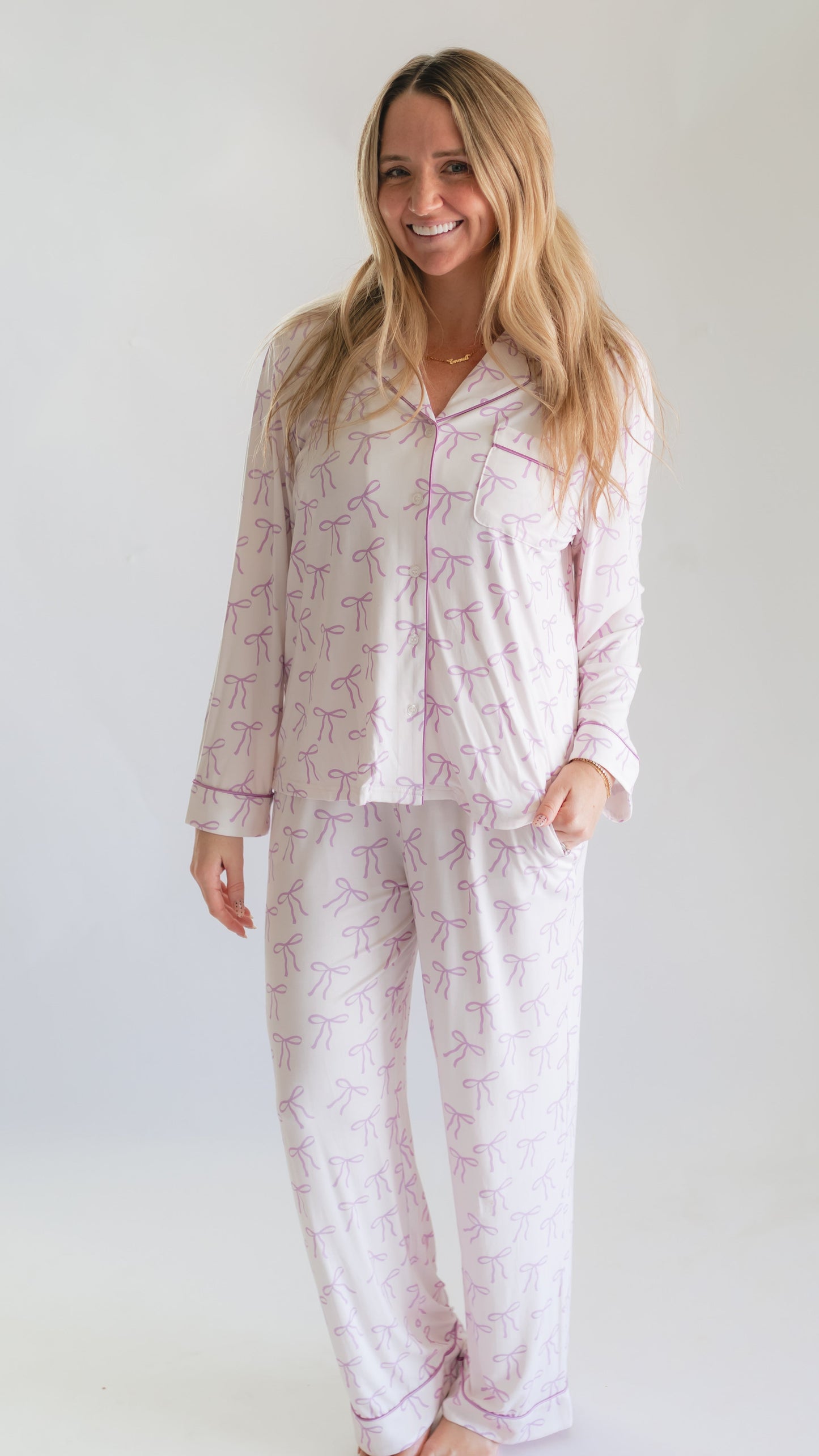 Women's Button Up Set In Purple Bows