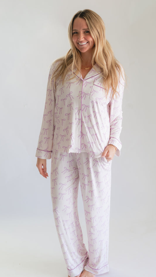 Women's Button Up Set In Purple Bows