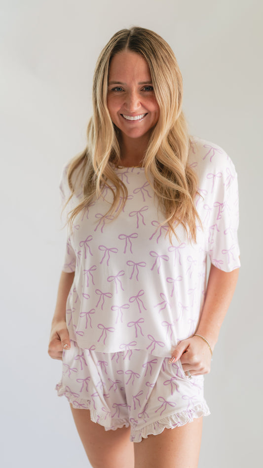 Women’s Ruffle Short Set in Purple Bows