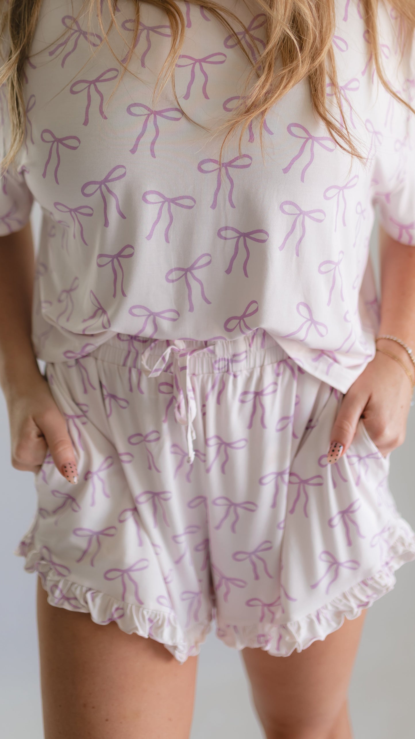 Women’s Ruffle Short Set in Purple Bows