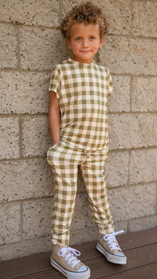 Youth Jogger Set In Green Gingham