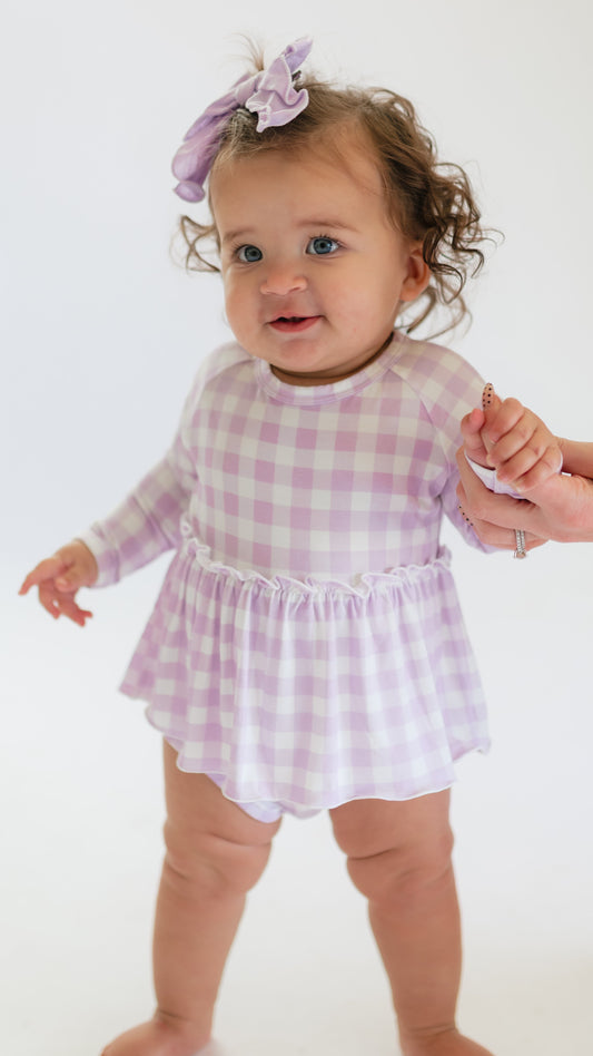 Infant Long Sleeve and Skirt Onesie in Purple Gingham