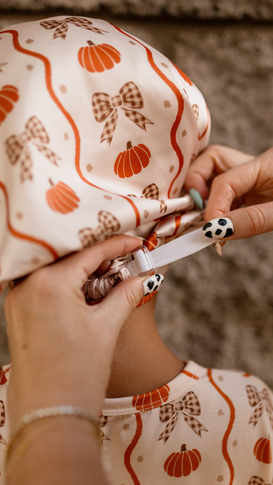 Kid's Satin Bonnet in Bows and Pumpkins