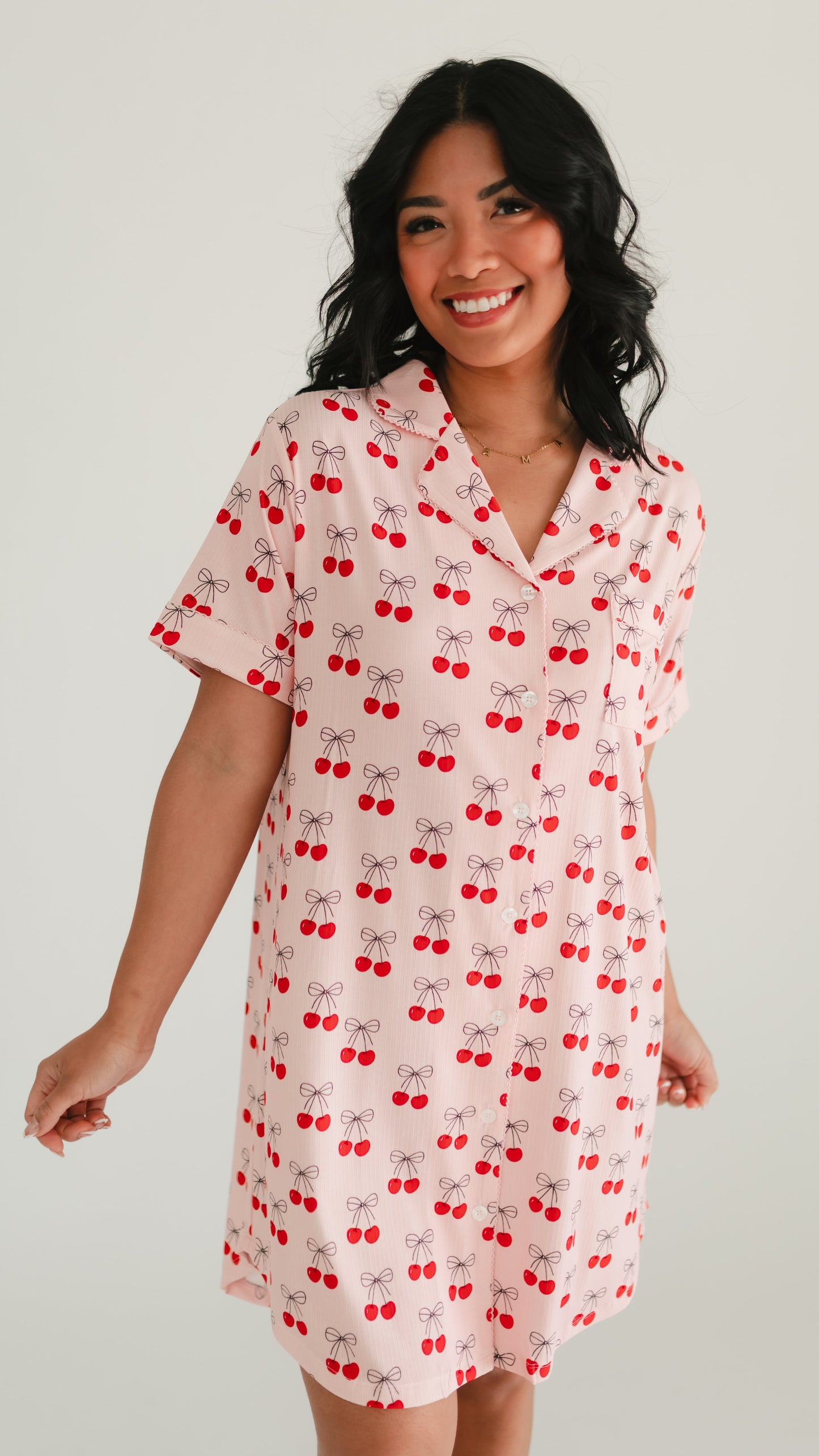 Women's Ribbed Button Down Dress In Pink Cherry Bows