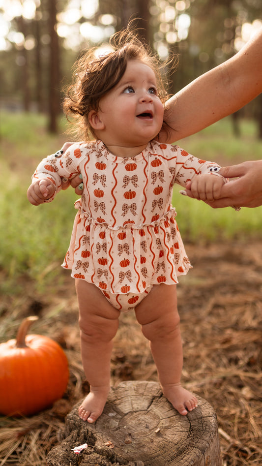 Infant Long Sleeve and Skirt Onesie in Bows and Pumpkins