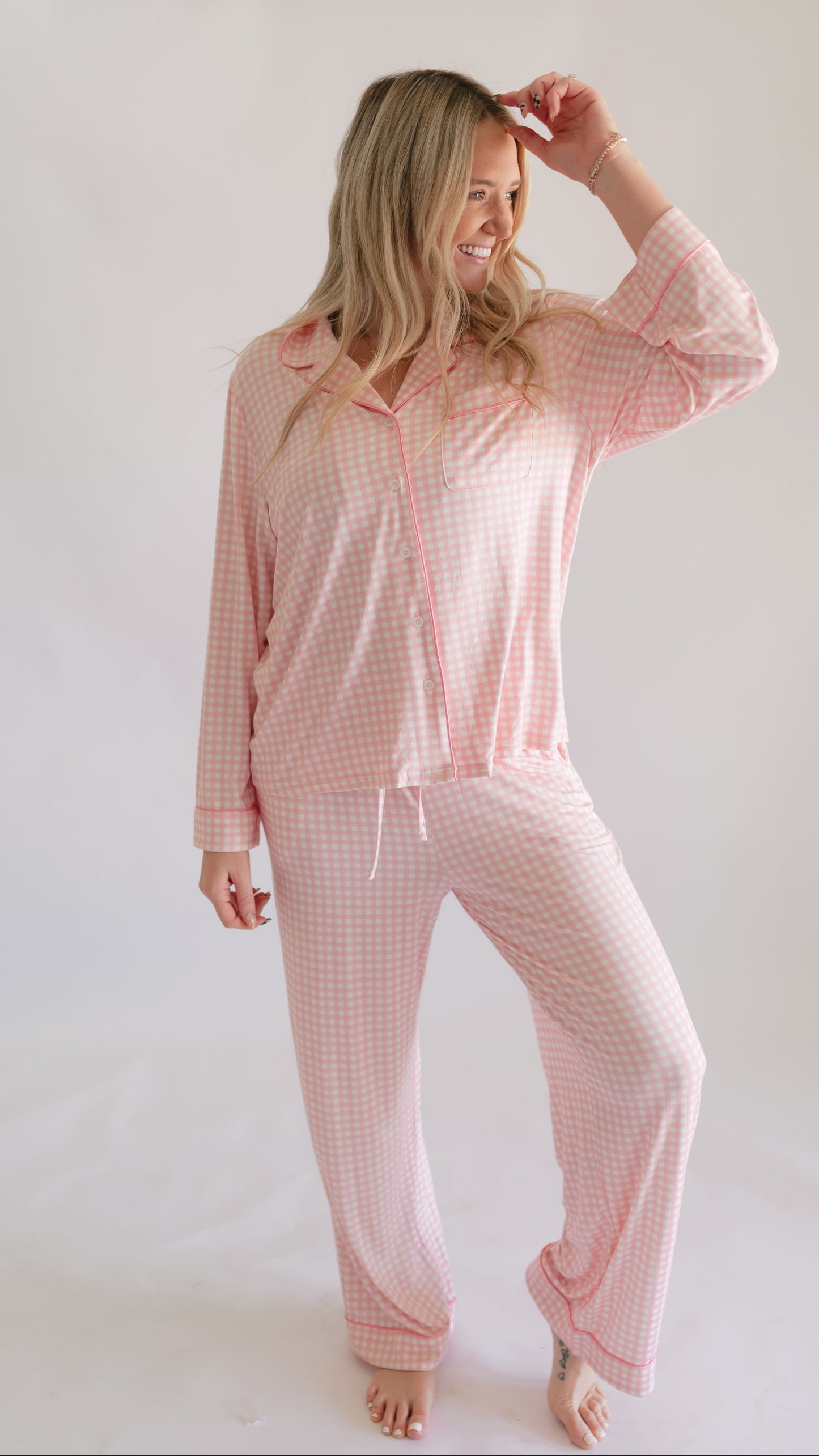 Women's Button Up Set In Pink Gingham