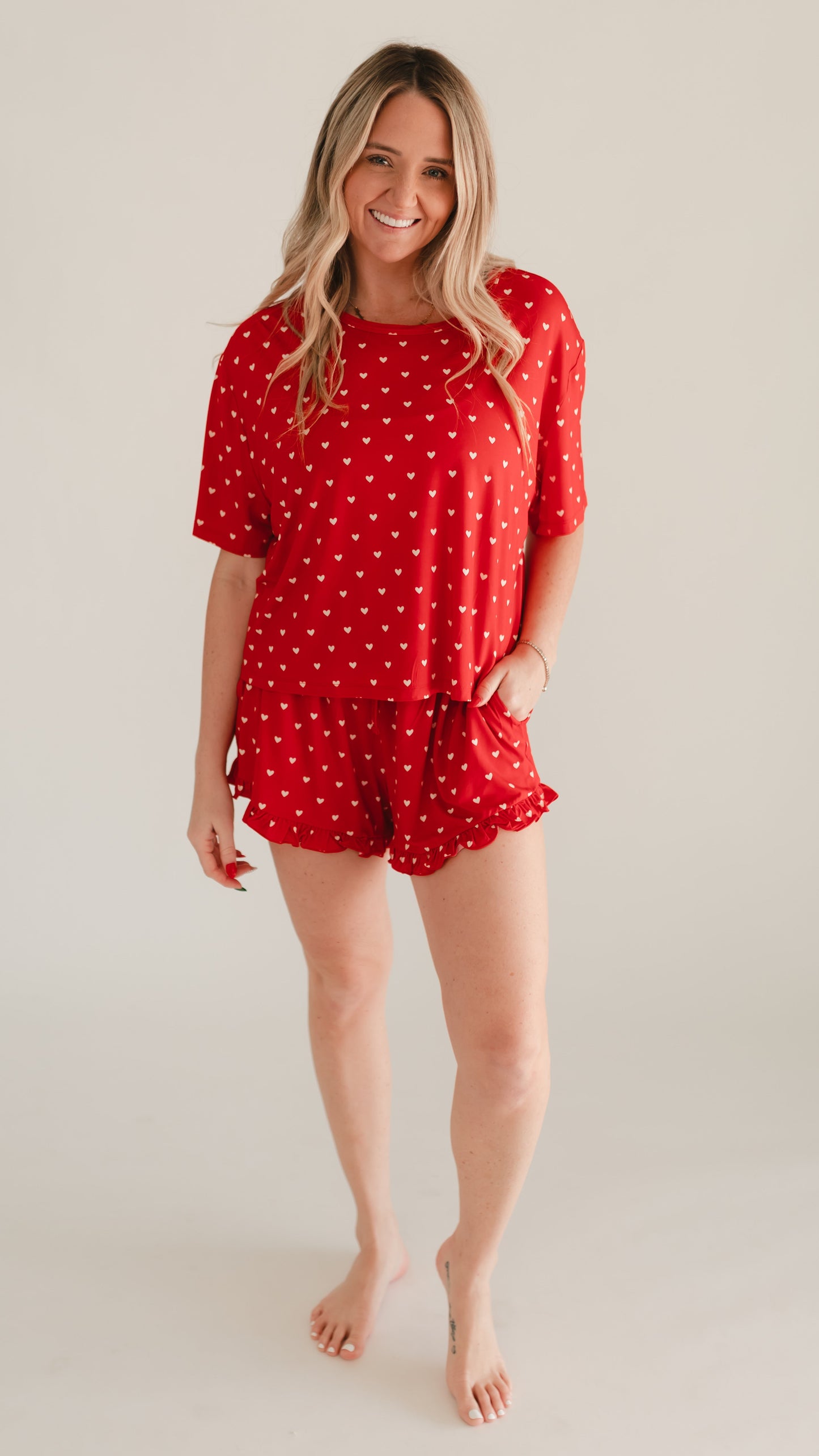 Women's Ruffle Short Set in Valentine Hearts