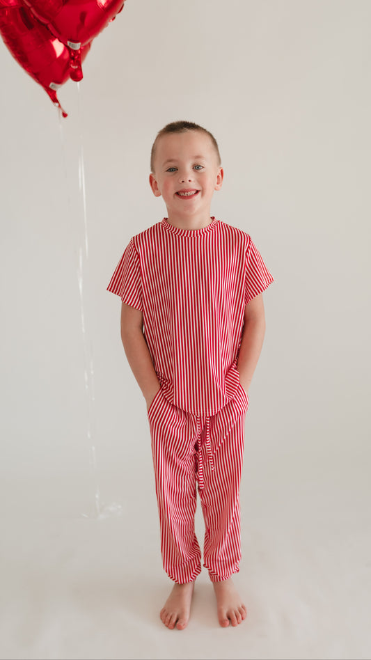 Youth Jogger Set In Red Pin Stripes