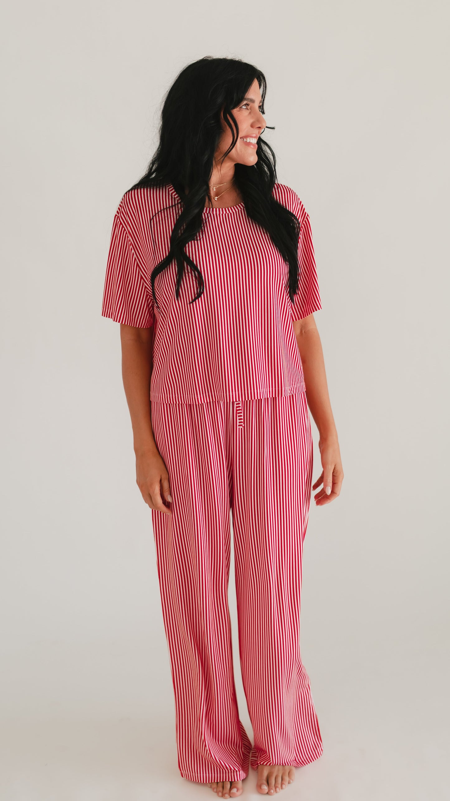 Women's T-Shirt and Pants Set in Red Pin Stripes