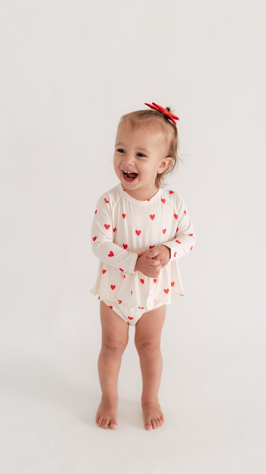 Infant Long Sleeve and Skirt Onesie in Cream Valentine Hearts