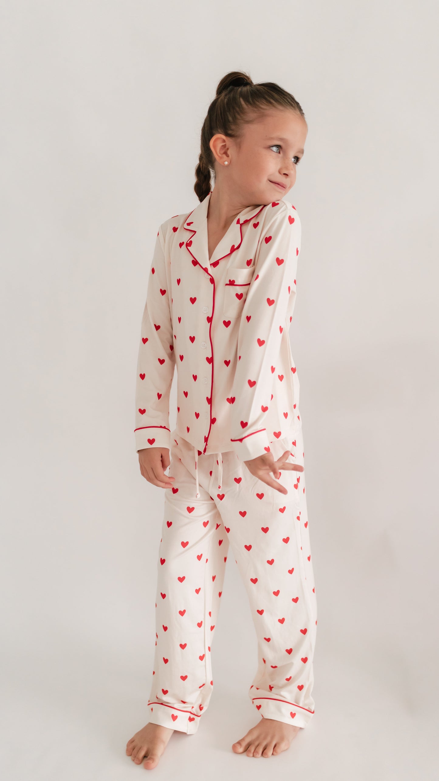 Girl's Button Up Set in Cream Valentine Hearts