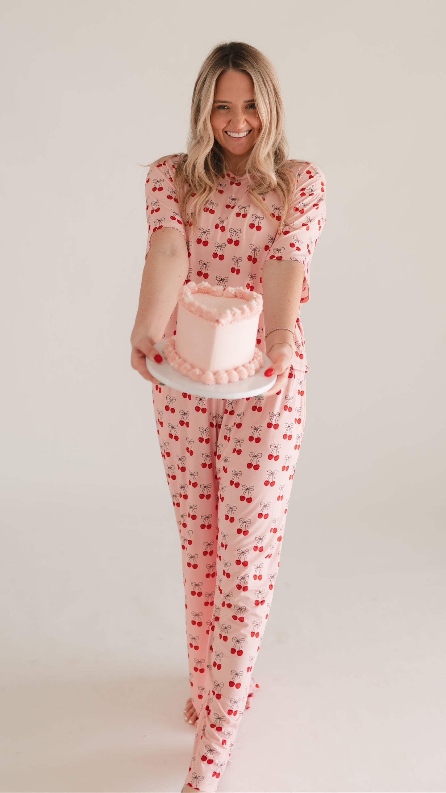 Women's T-Shirt and Pants Set in Pink Cherry Bows