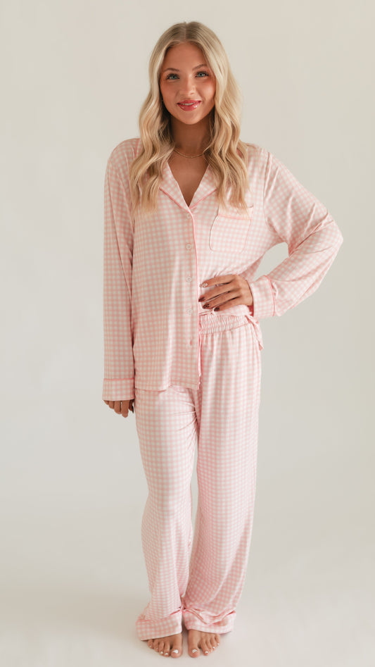 Women's Button Up Set In Pink Gingham