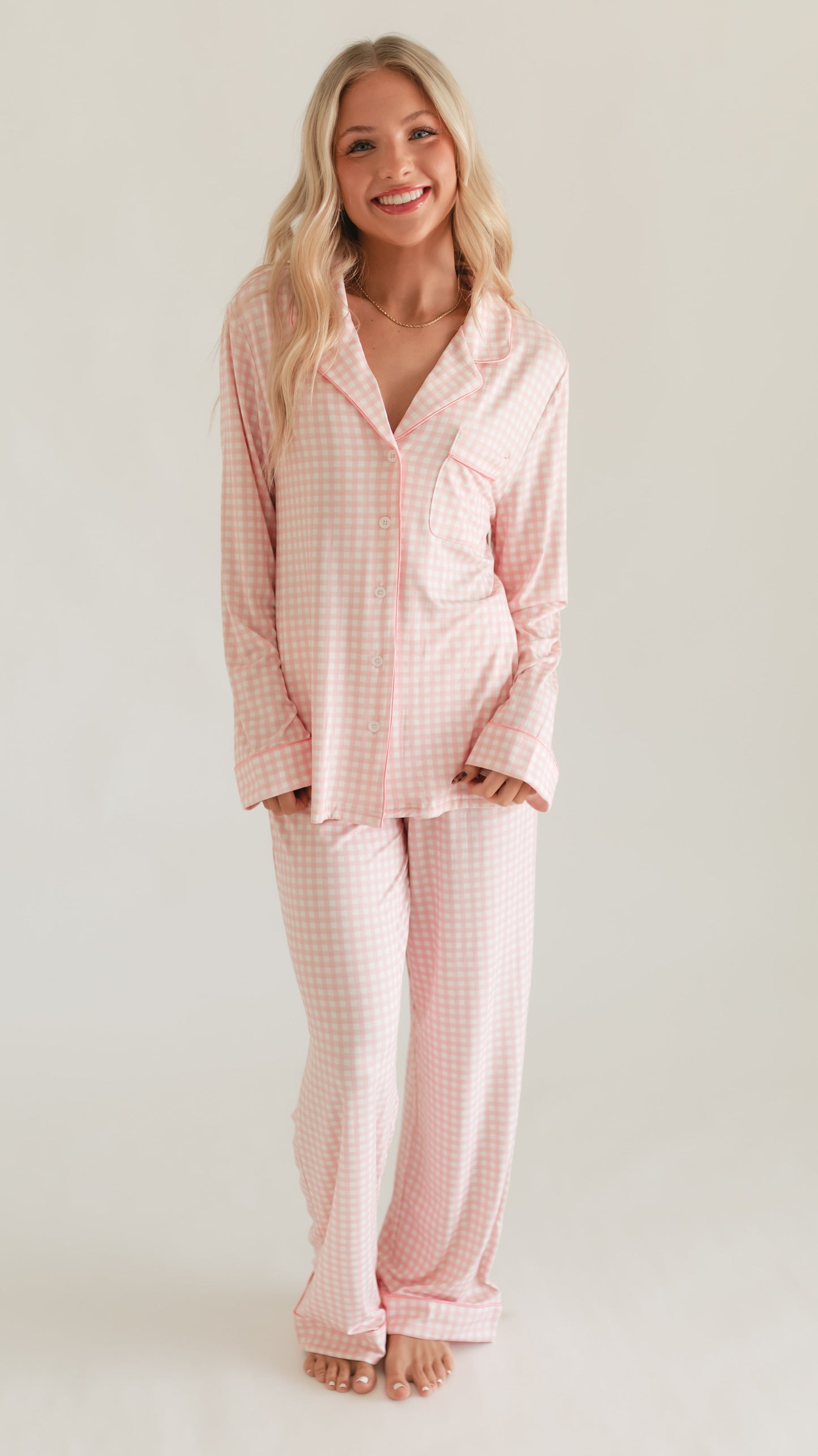 Women's Button Up Set In Pink Gingham