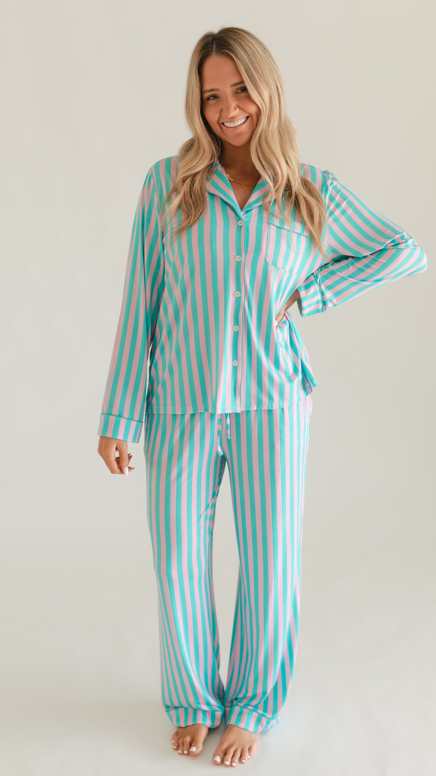 Women's Button Up Set In Cotton Candy Stripes