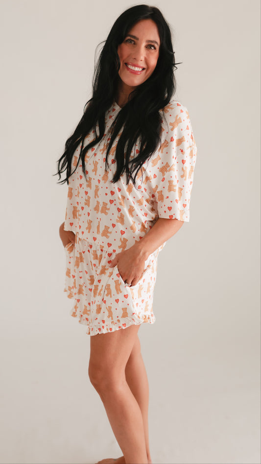 Women's Ruffle Short Set in Heart Bears