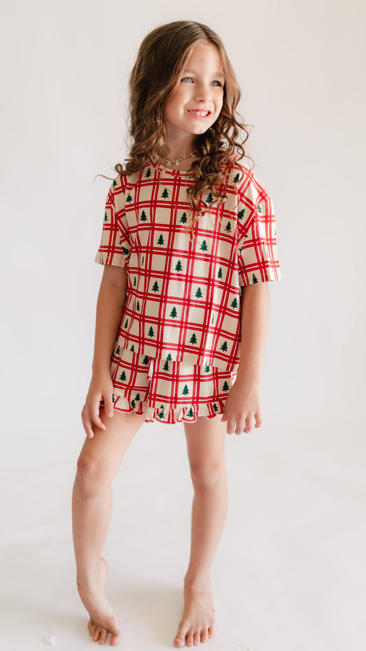 Girl's Ruffle Short Set in Christmas Plaid