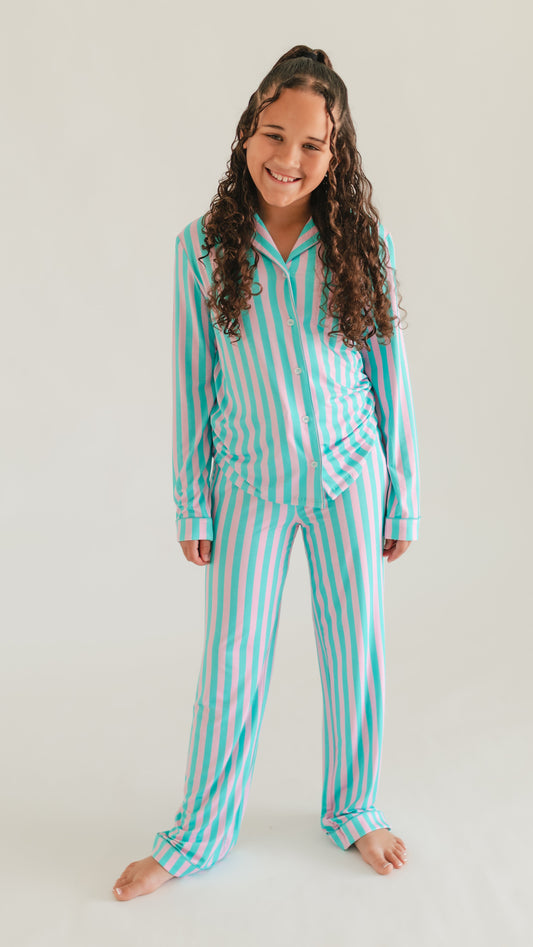 Girl's Button Up Set in Cotton Candy Stripes