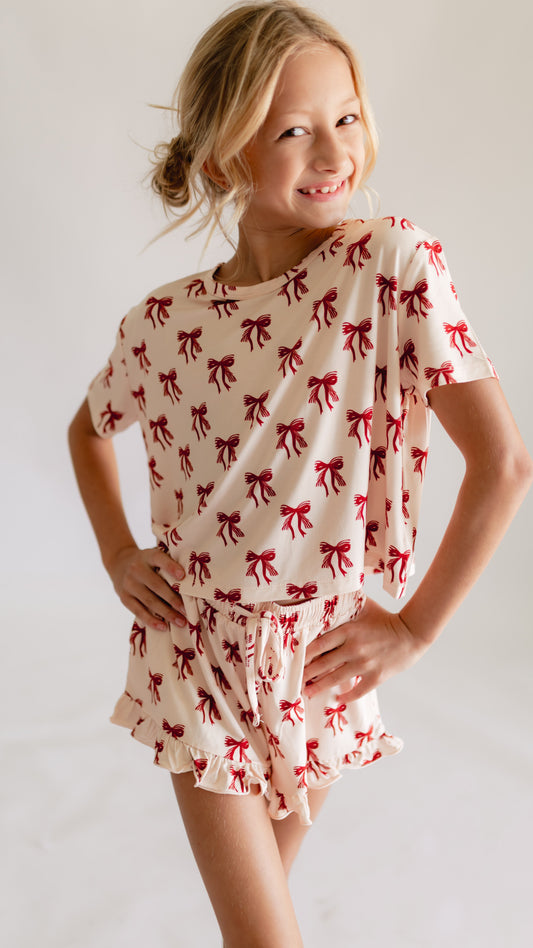 Girl's Ruffle Short Set in Christmas Bows