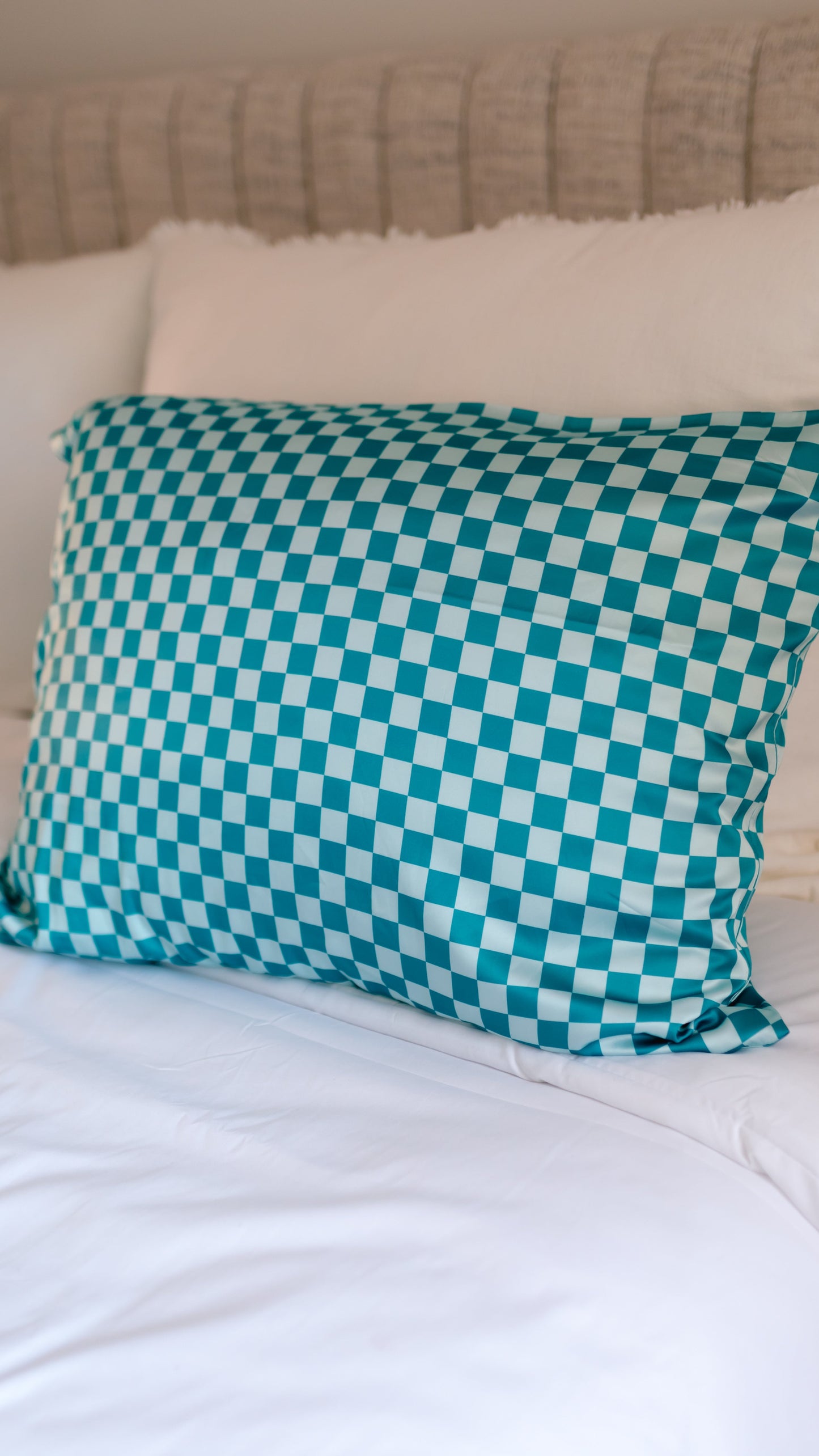 Satin Pillowcase in Teal and Blue Checkered