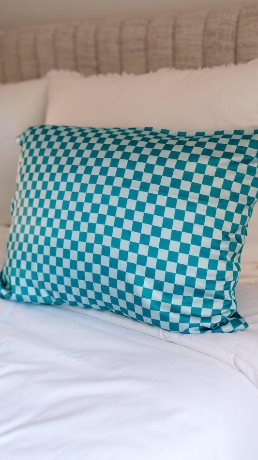 Satin Pillowcase in Teal and Blue Checkered