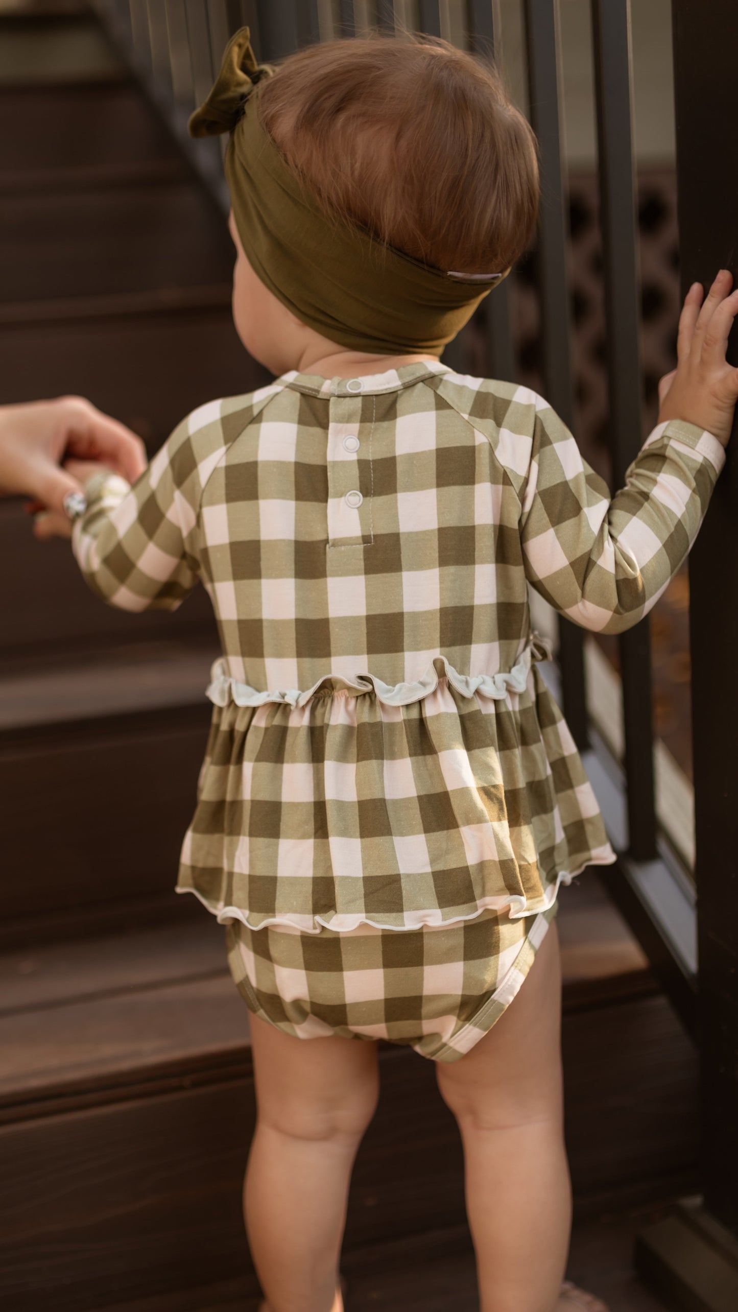 Infant Long Sleeve and Skirt Onesie in Green Gingham