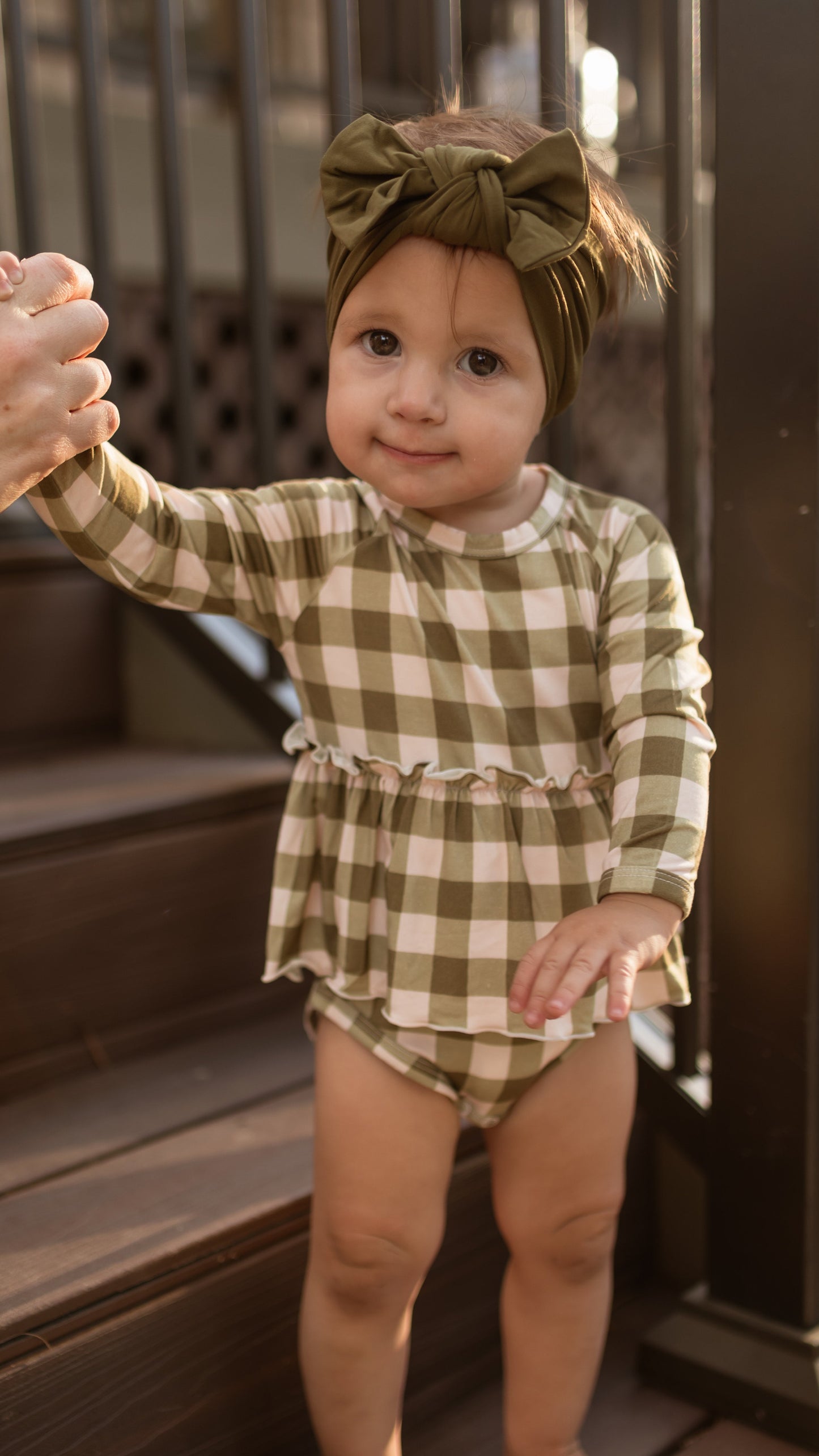 Infant Long Sleeve and Skirt Onesie in Green Gingham