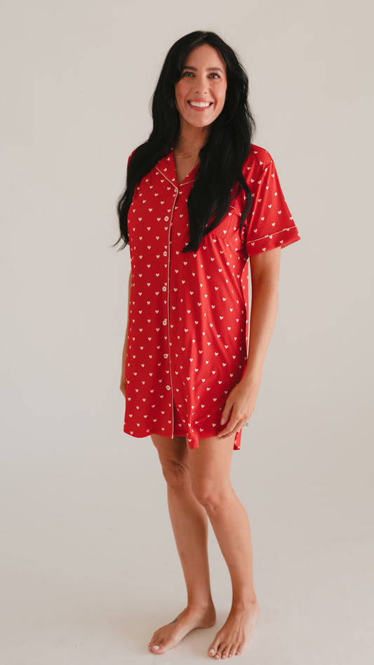 Women's Ribbed Button Down Dress In Valentine Hearts