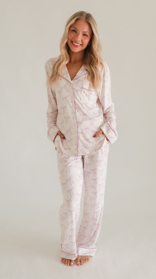 Women's Button Up Set In Purple Bows