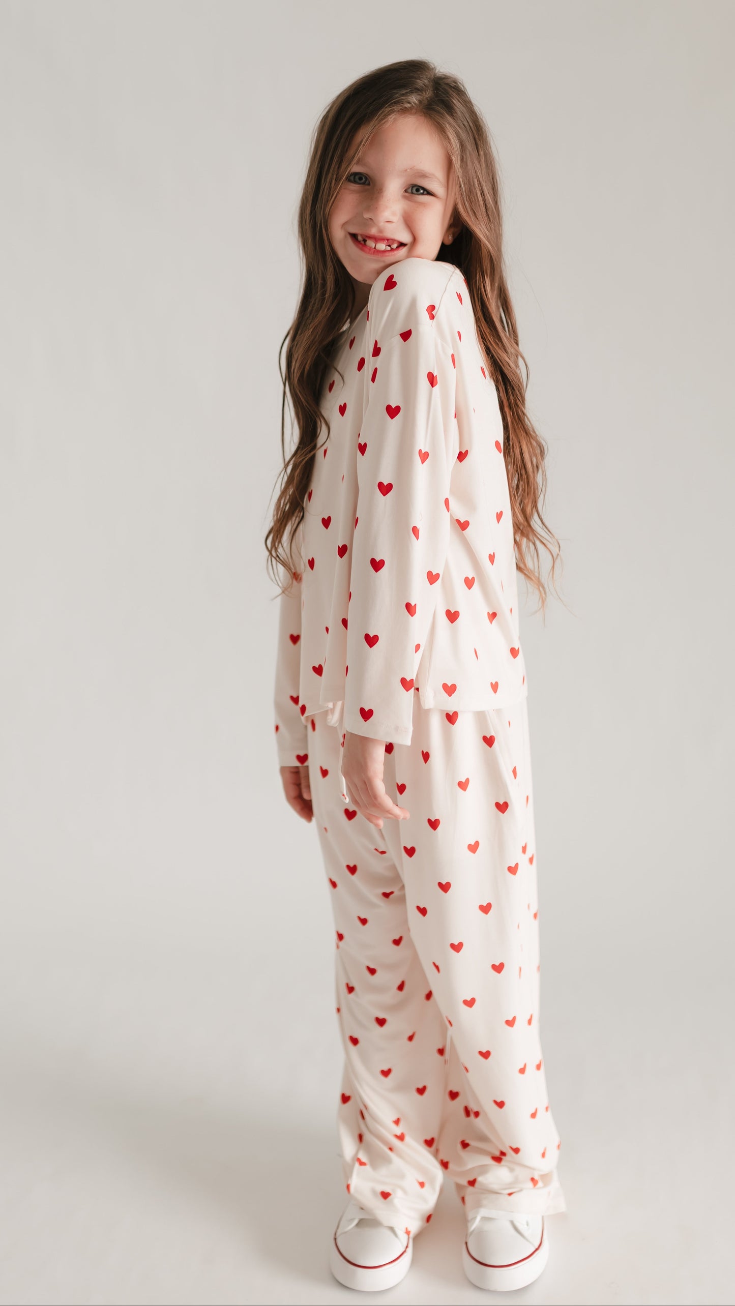 Girls Long Sleeve and Pants Set in  Cream Valentine Hearts