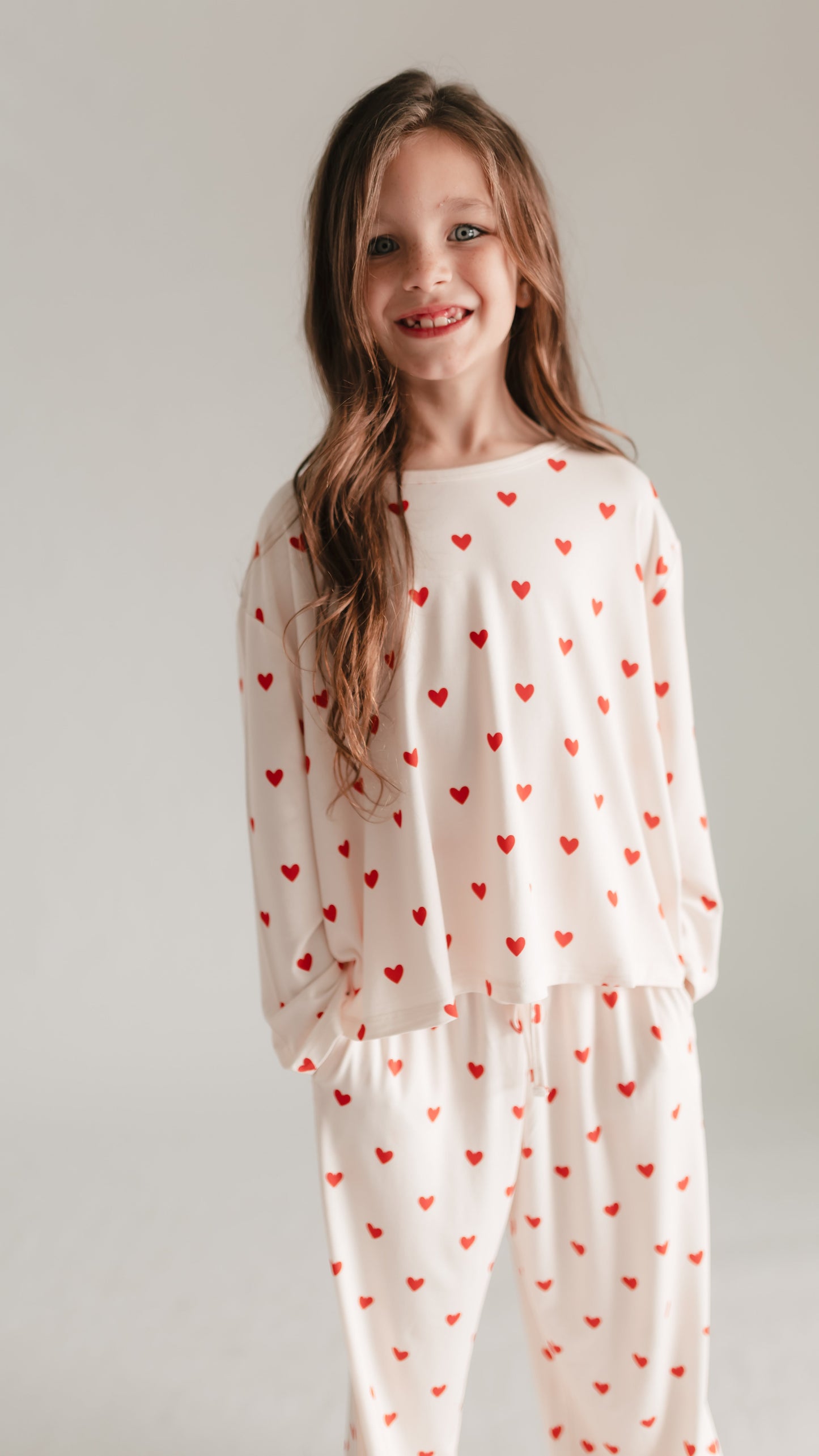 Girls Long Sleeve and Pants Set in  Cream Valentine Hearts