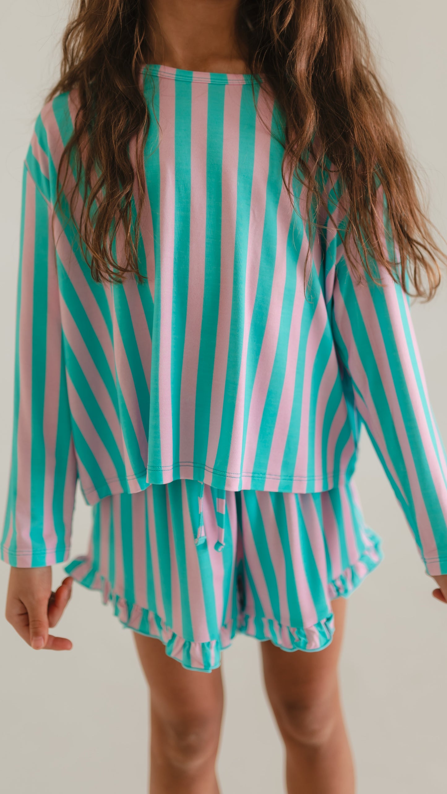 Girl's Long Sleeve and Ruffle Shorts Set in Cotton Candy Stripes
