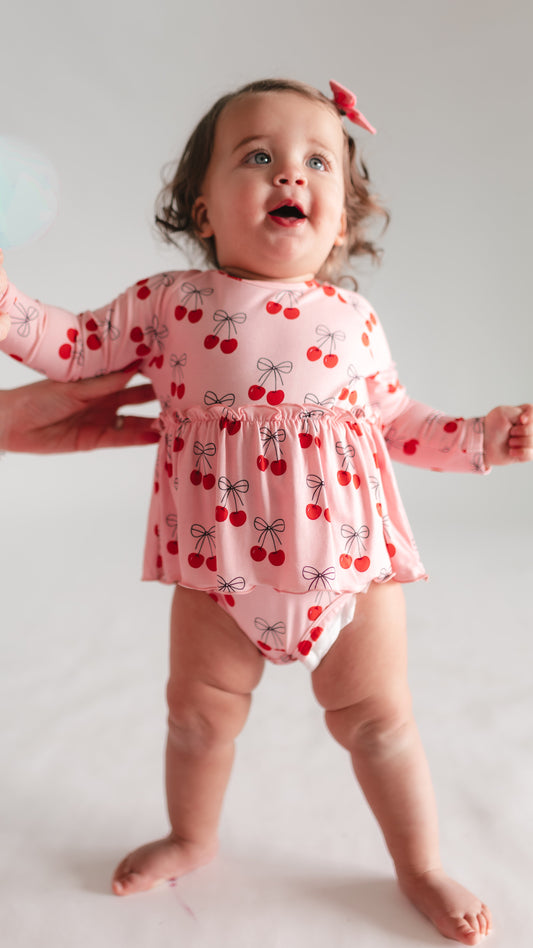 Infant Long Sleeve and Skirt Onesie in Pink Cherry Bows