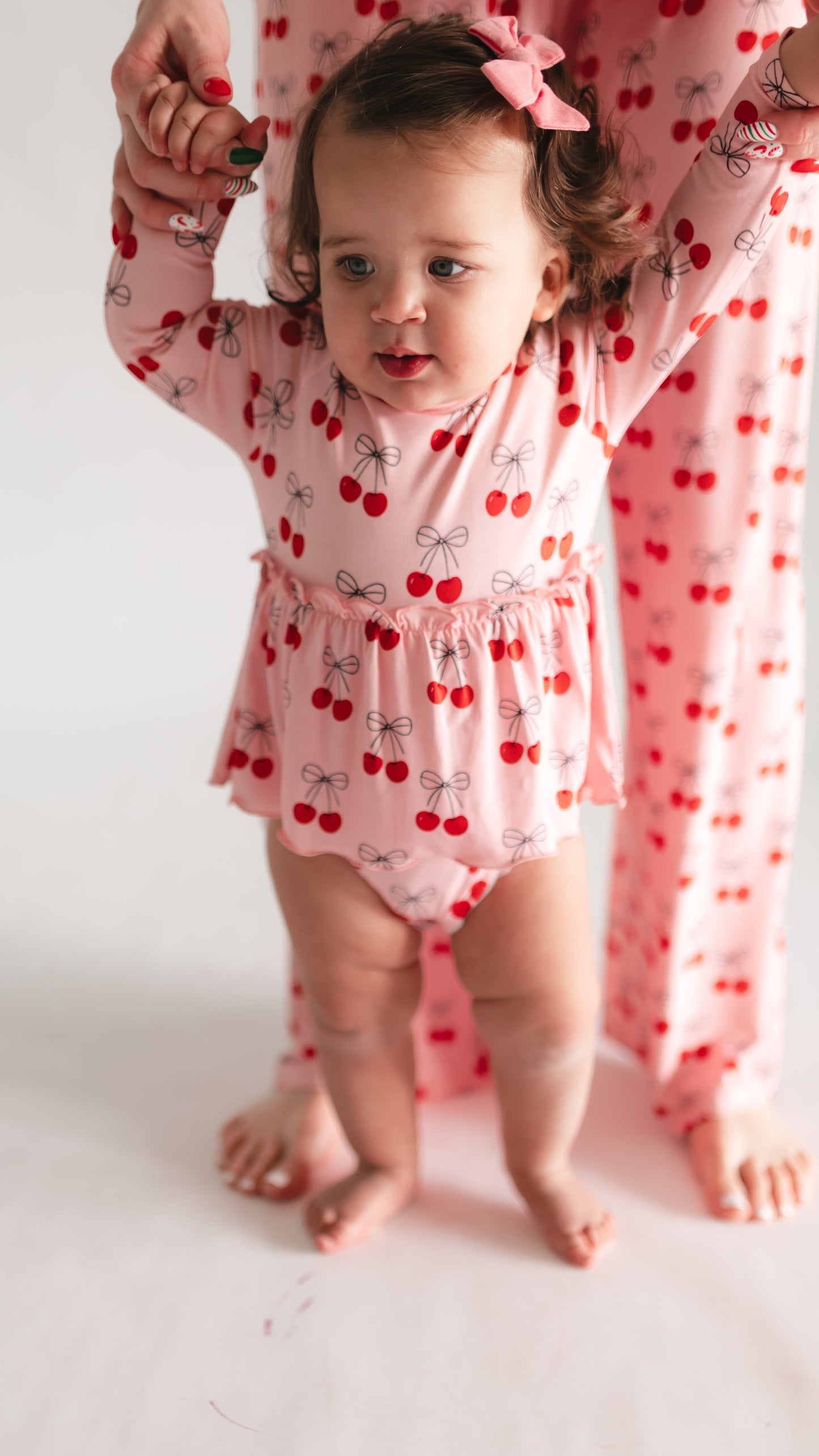 Infant Long Sleeve and Skirt Onesie in Pink Cherry Bows
