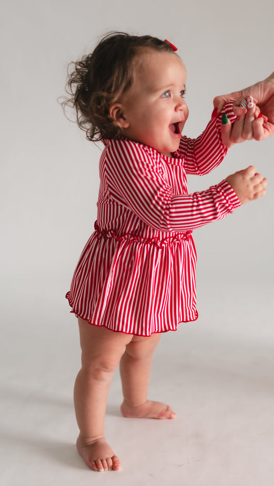 Infant Long Sleeve and Skirt Onesie in Red Pin Stripes
