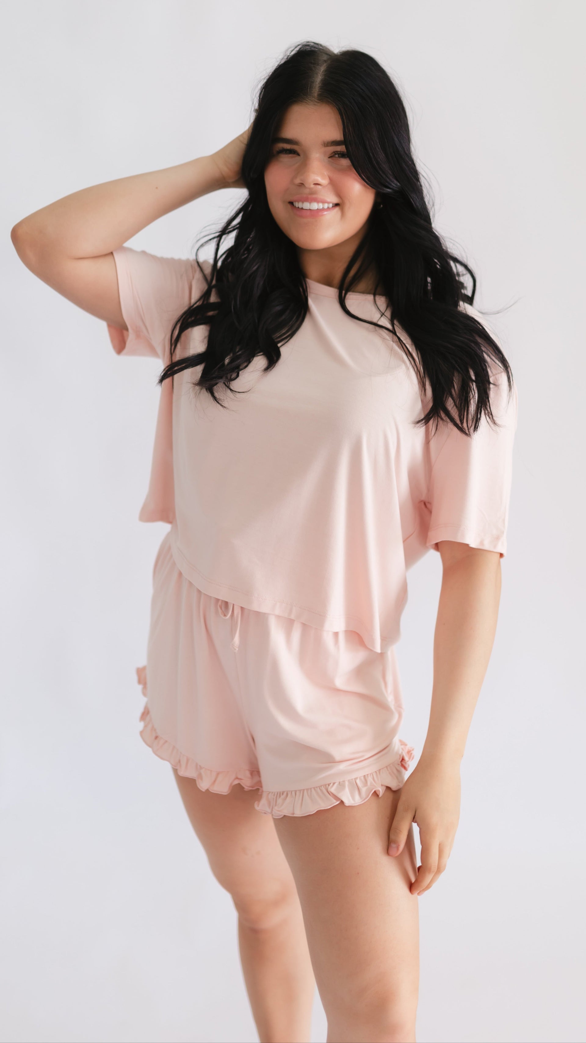 Womens Ruffle Short Set in Blush