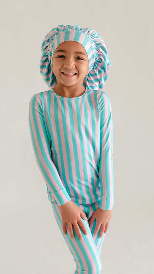 Kid's Satin Bonnet in Cotton Candy Stripes