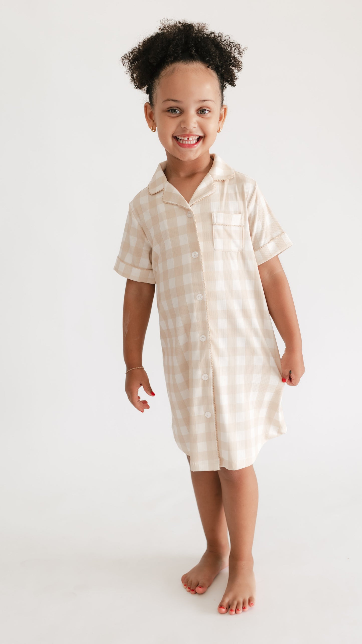 Girl's Button Down Ribbed Dress in Neutral Gingham