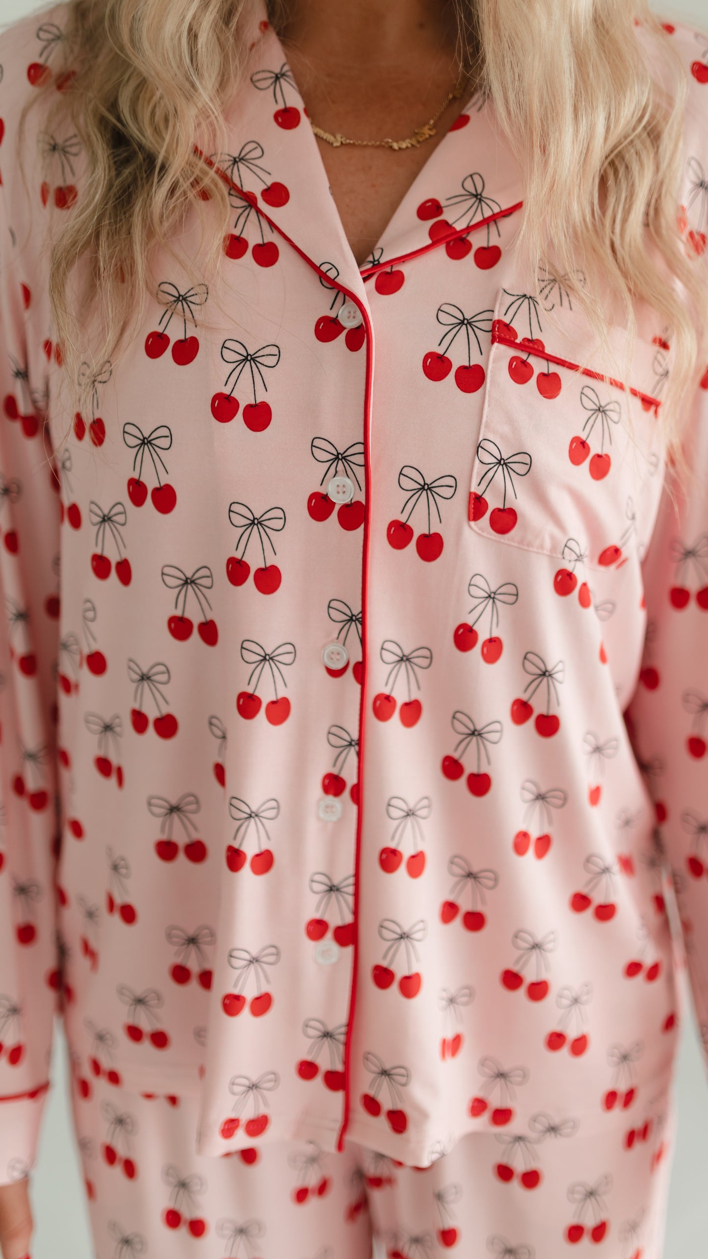Women's Button Up Set In Pink Cherries