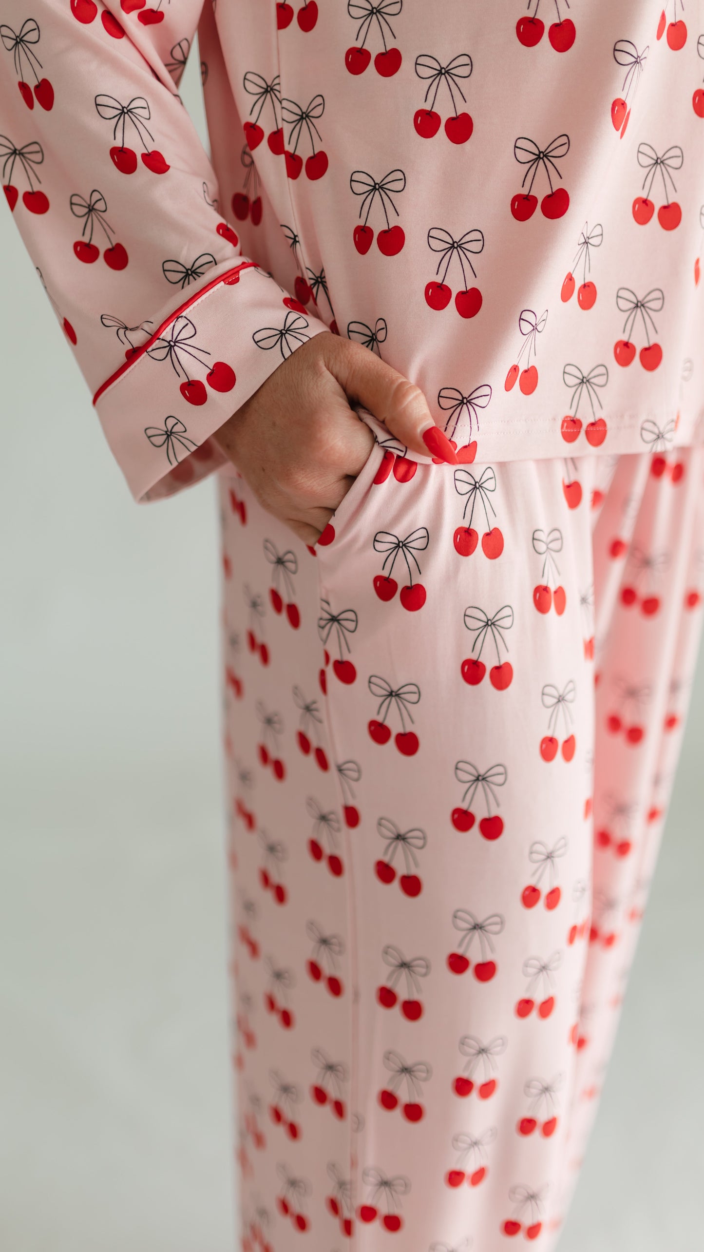 Women's Button Up Set In Pink Cherries
