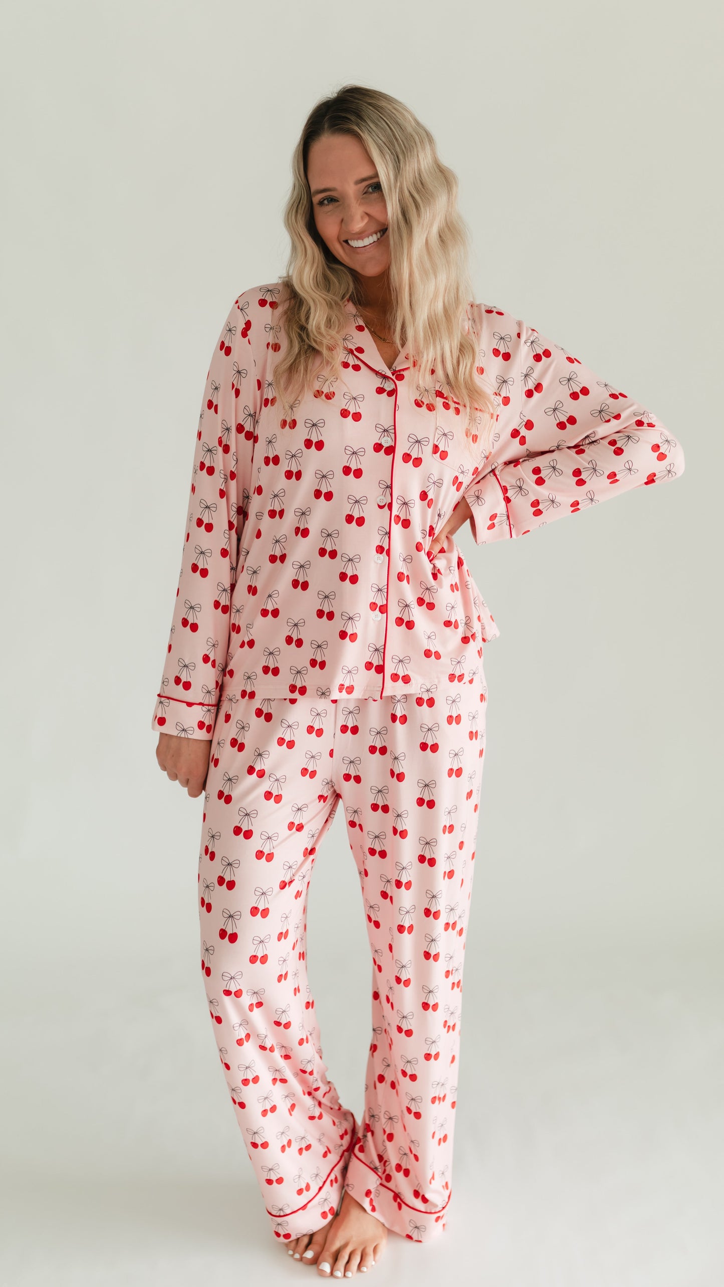 Women's Button Up Set In Pink Cherries