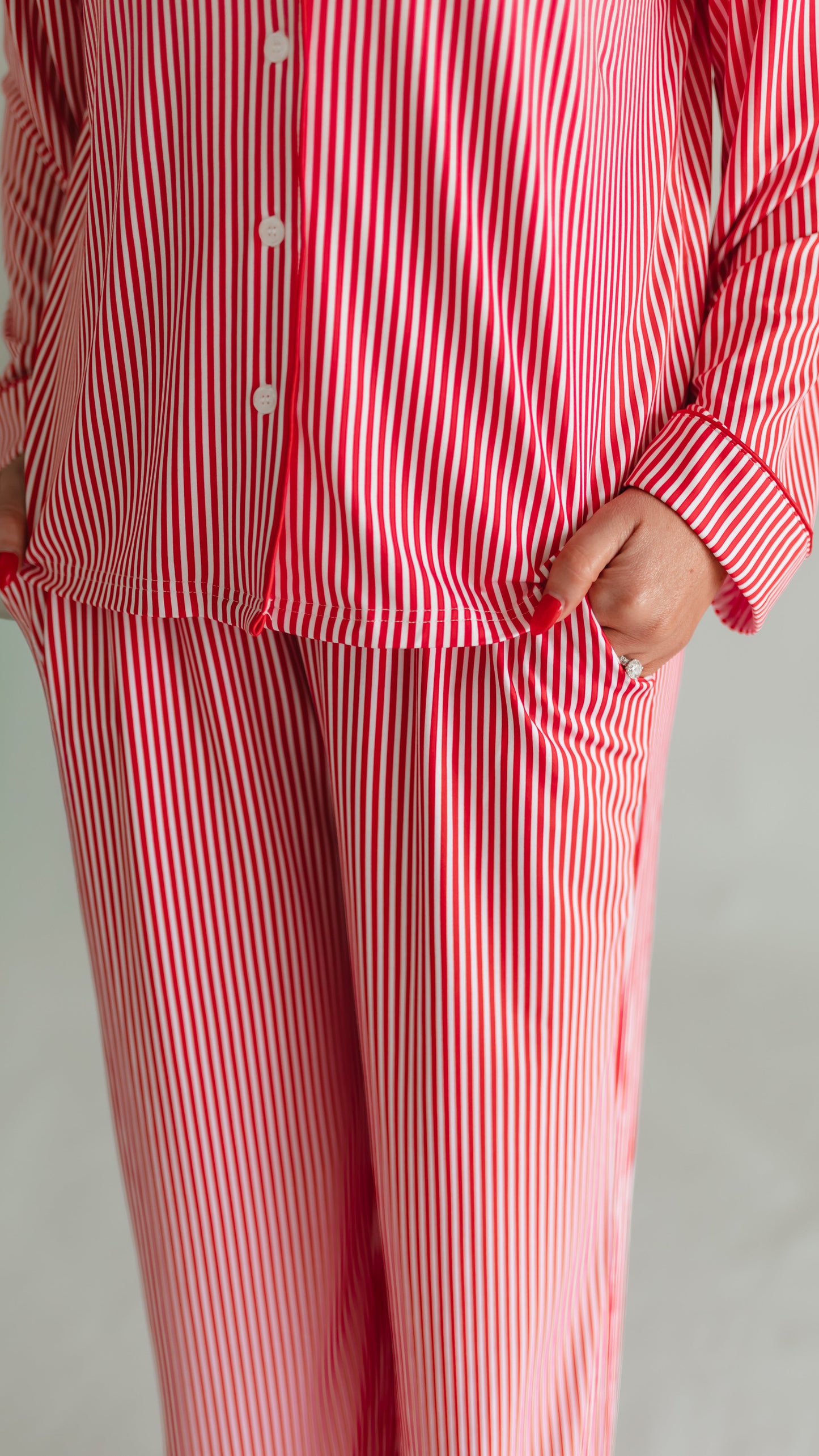 Women's Button Up Set In Red Pin Stripe