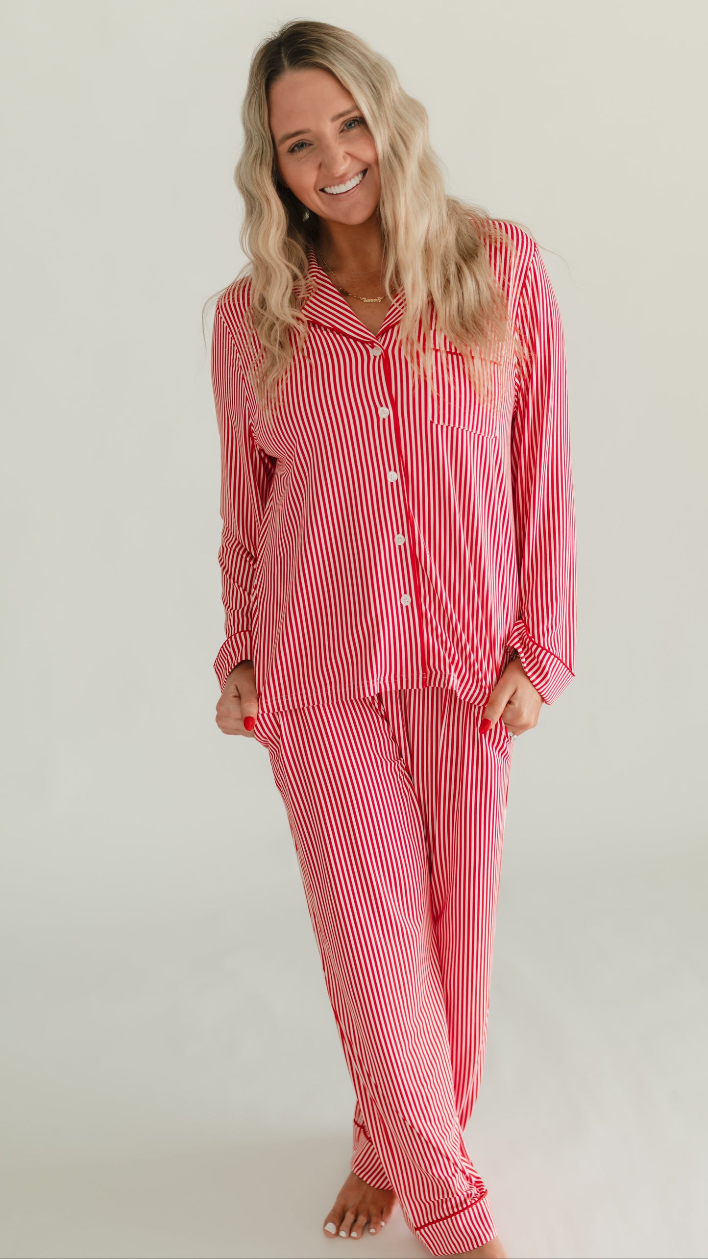 Women's Button Up Set In Red Pin Stripe