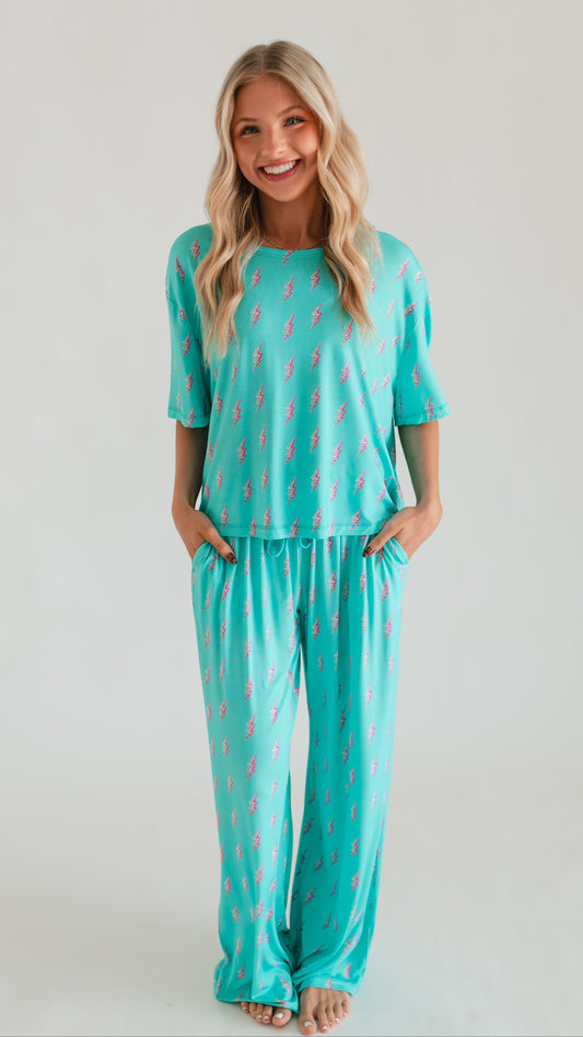 Women's T-Shirt and Pants Set in Neon Bolts