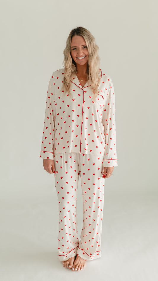 Women's Button Up Set In Cream Valentine Hearts