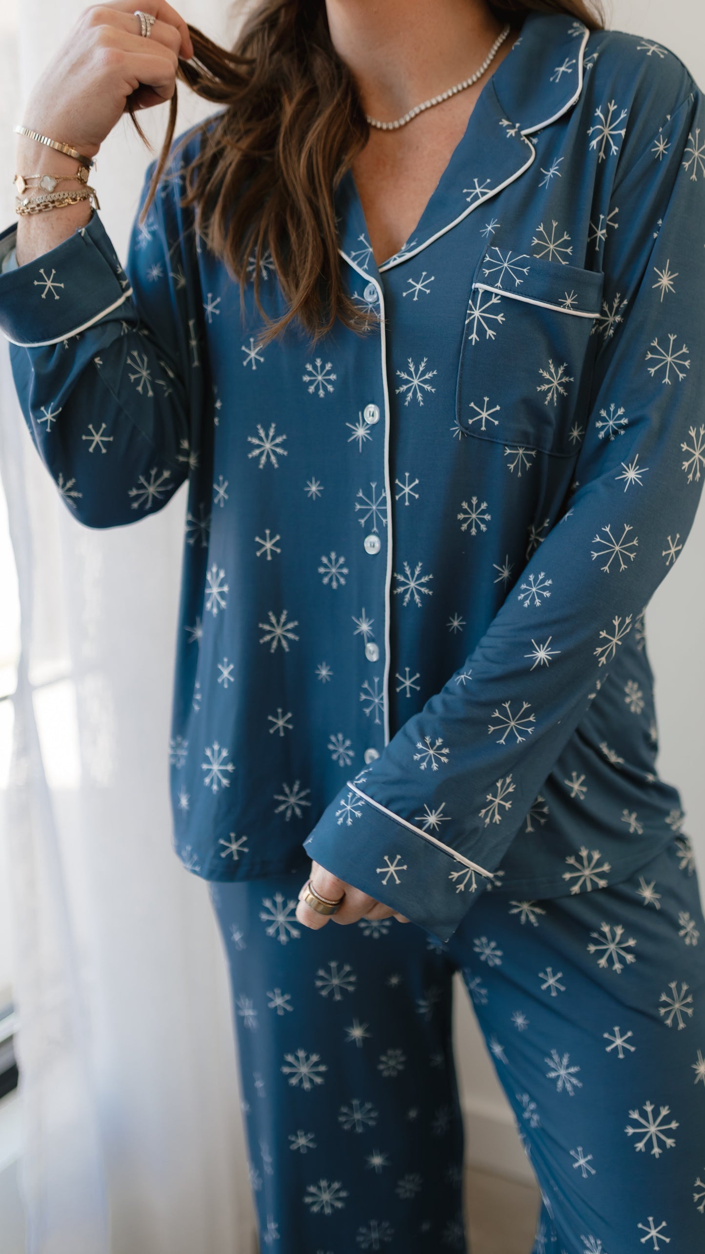 Women's Button Up Set In Snowflakes