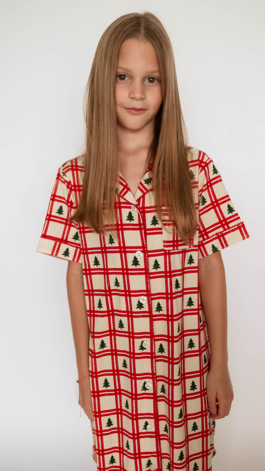 Girl's Button Down Ribbed Dress in Christmas Plaid